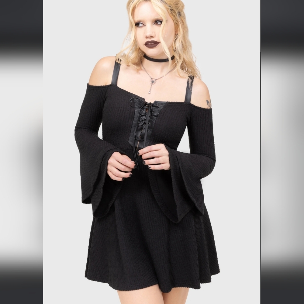 Killstar Black Lace-Up Flared Sleeve Dress - Picture 3 of 9